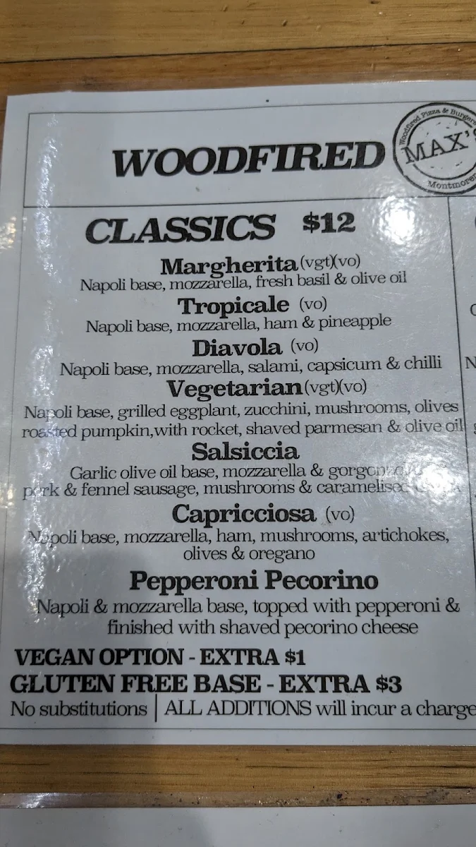 Menu, Max's Woodfired Pizza & Burgers