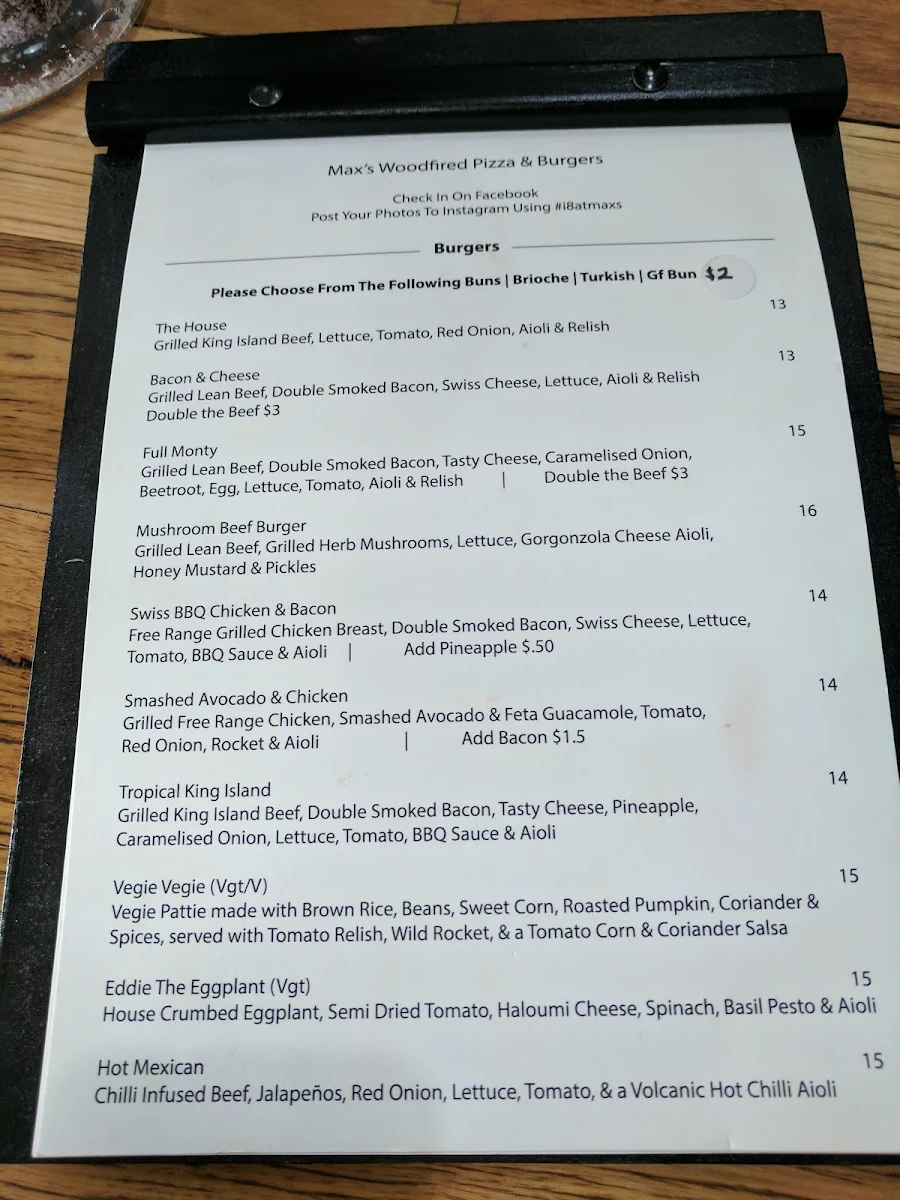 Menu, Max's Woodfired Pizza & Burgers