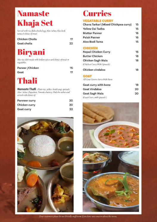 Menu, Namaste Restaurant - Ashfield