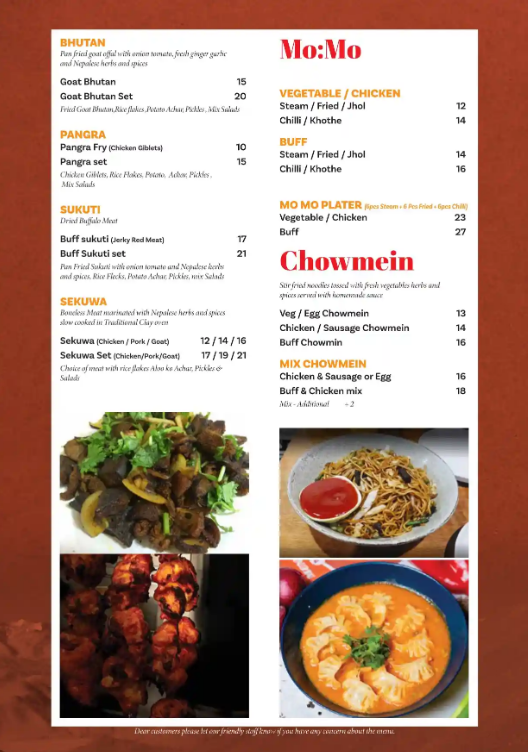 Menu, Namaste Restaurant - Ashfield