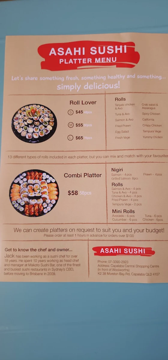 Menu, Asahi Sushi Capalaba