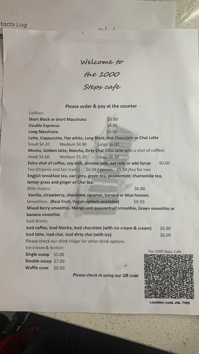 Menu, The 1000 Steps Cafe