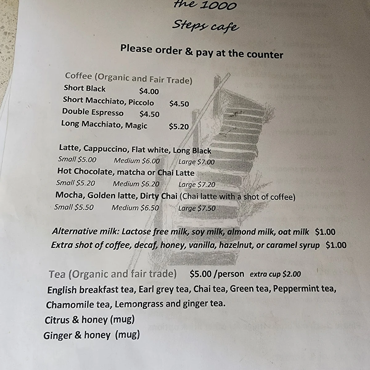 Menu, The 1000 Steps Cafe