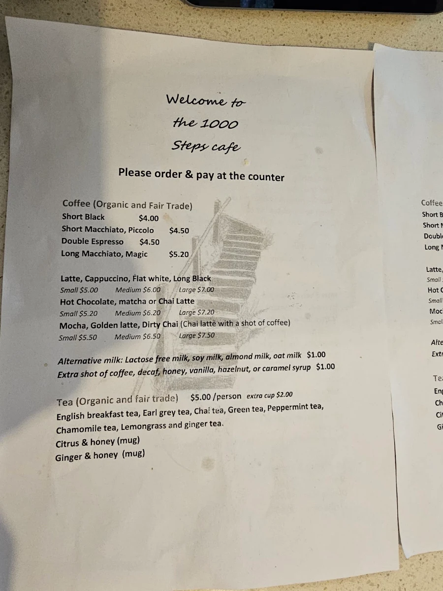 Menu, The 1000 Steps Cafe