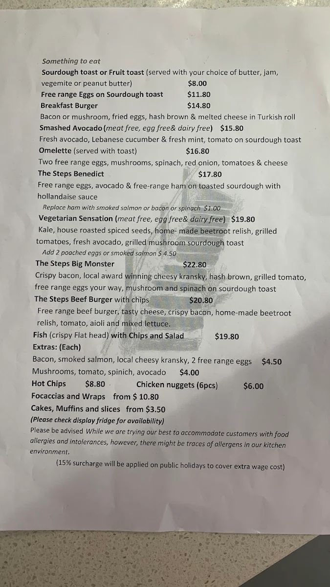 Menu, The 1000 Steps Cafe