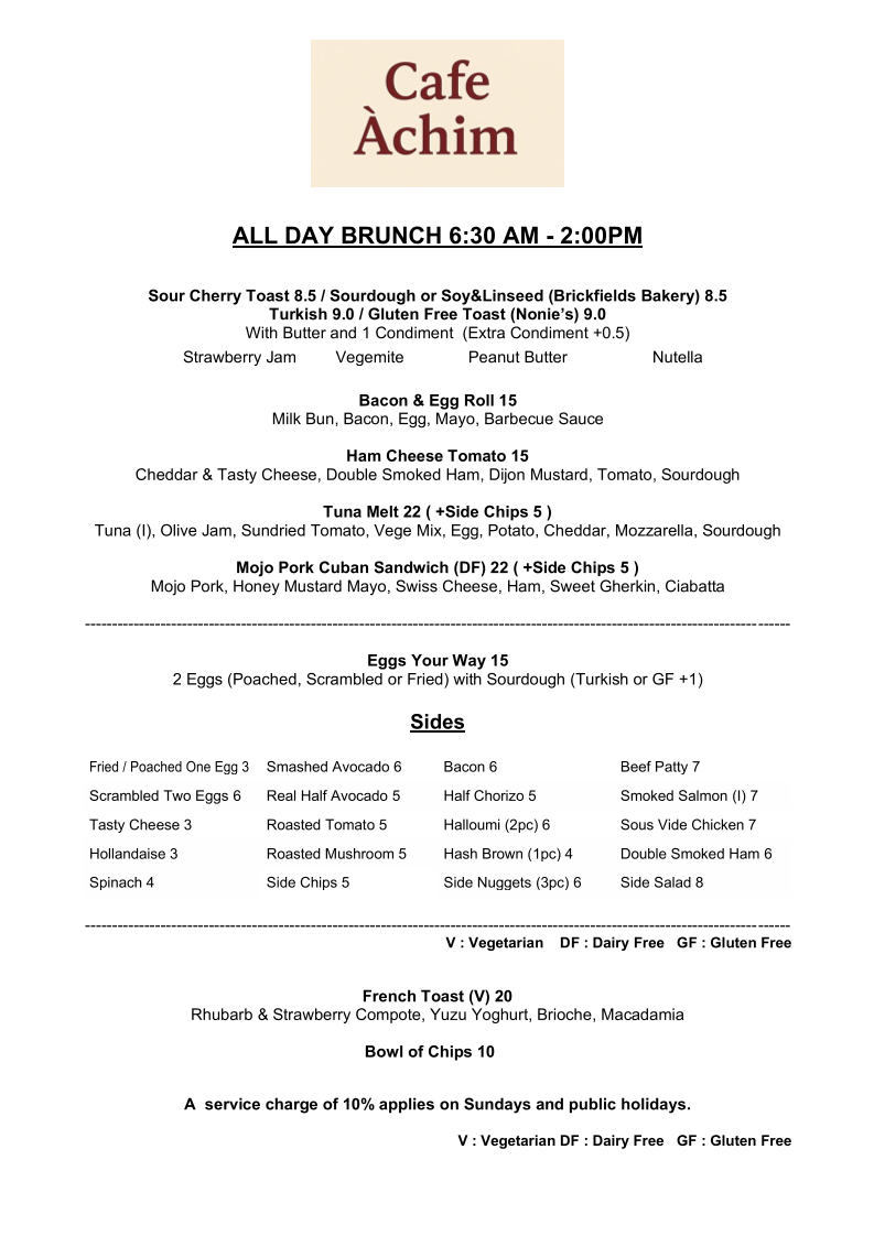 Menu, Cafe Achim
