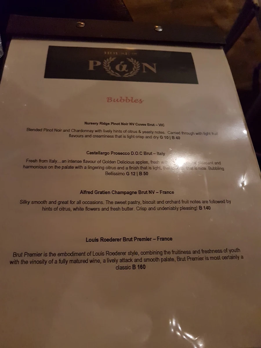 Menu, House Of Pan