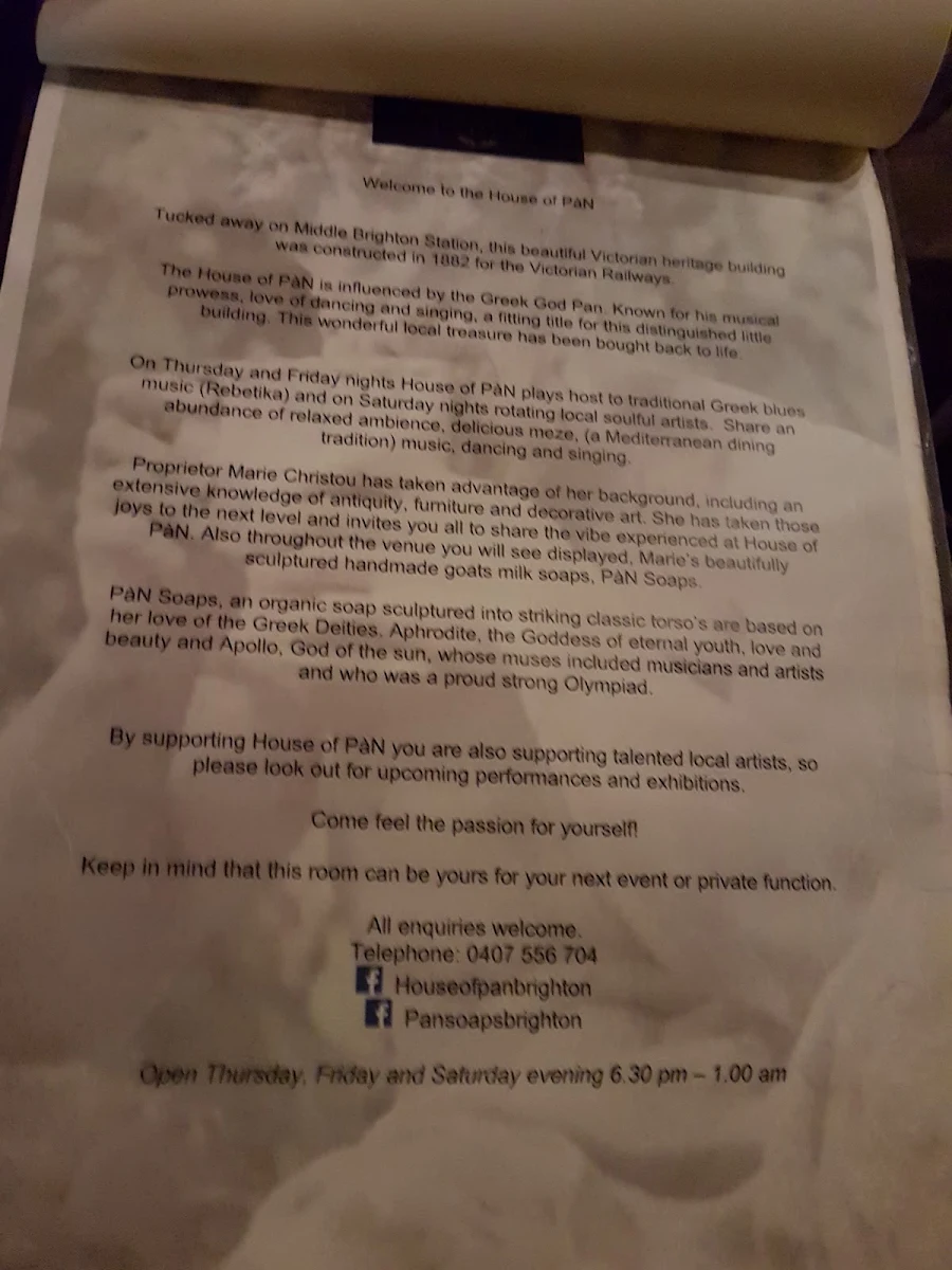 Menu, House Of Pan