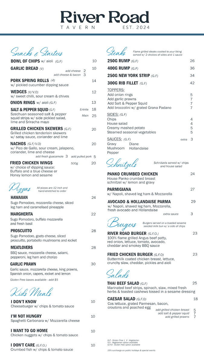 Menu, River Road Tavern