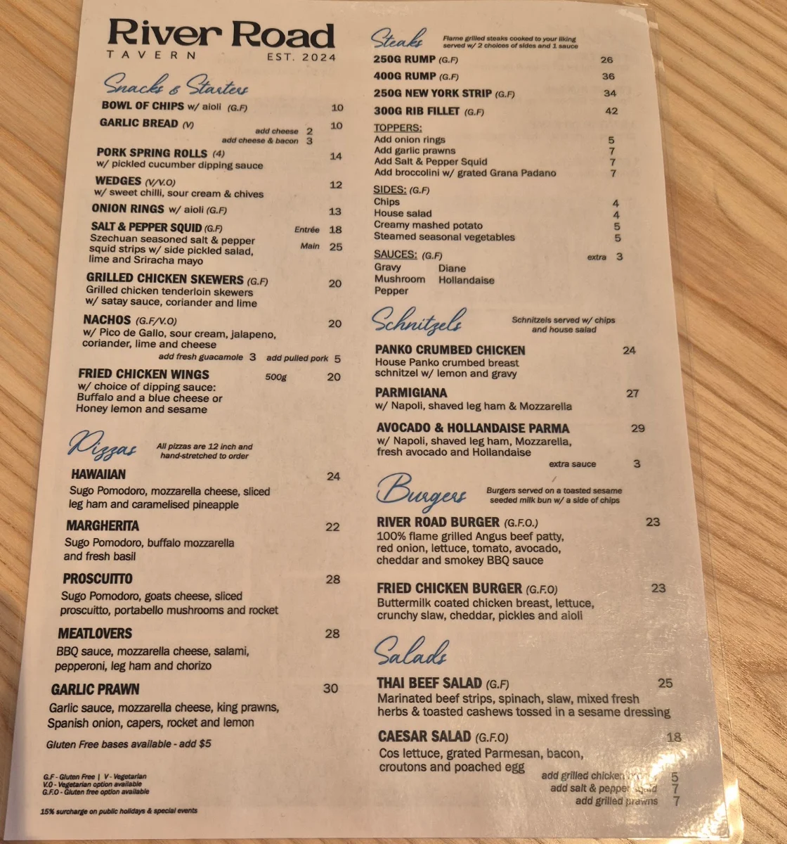 Menu, River Road Tavern