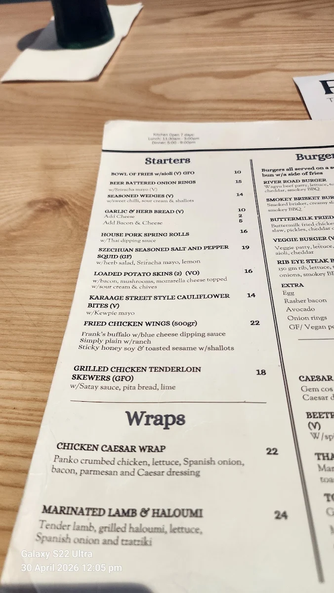 Menu, River Road Tavern