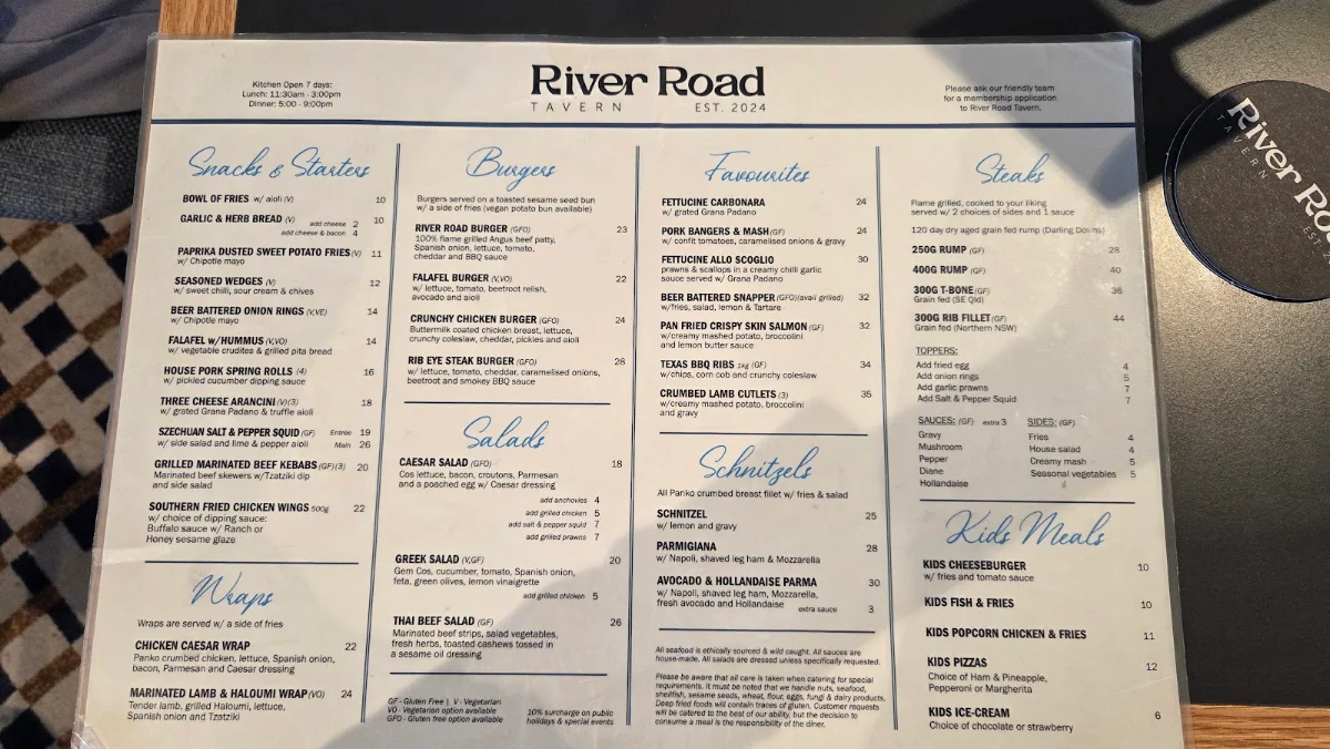 Menu, River Road Tavern