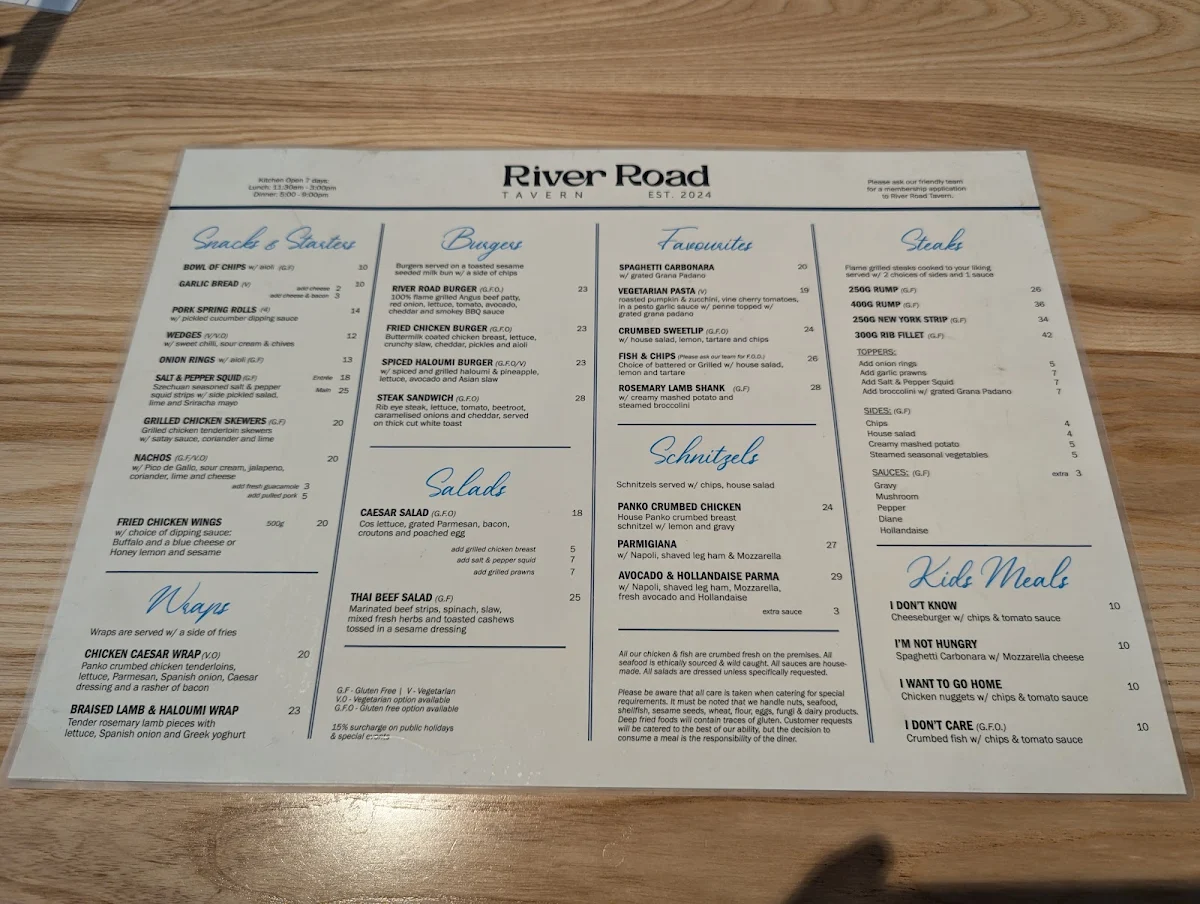 Menu, River Road Tavern