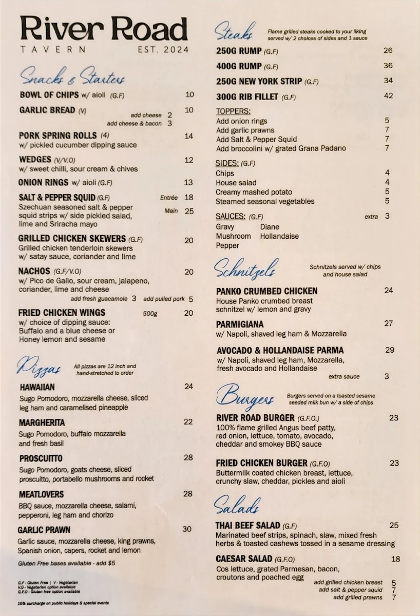 Menu, River Road Tavern