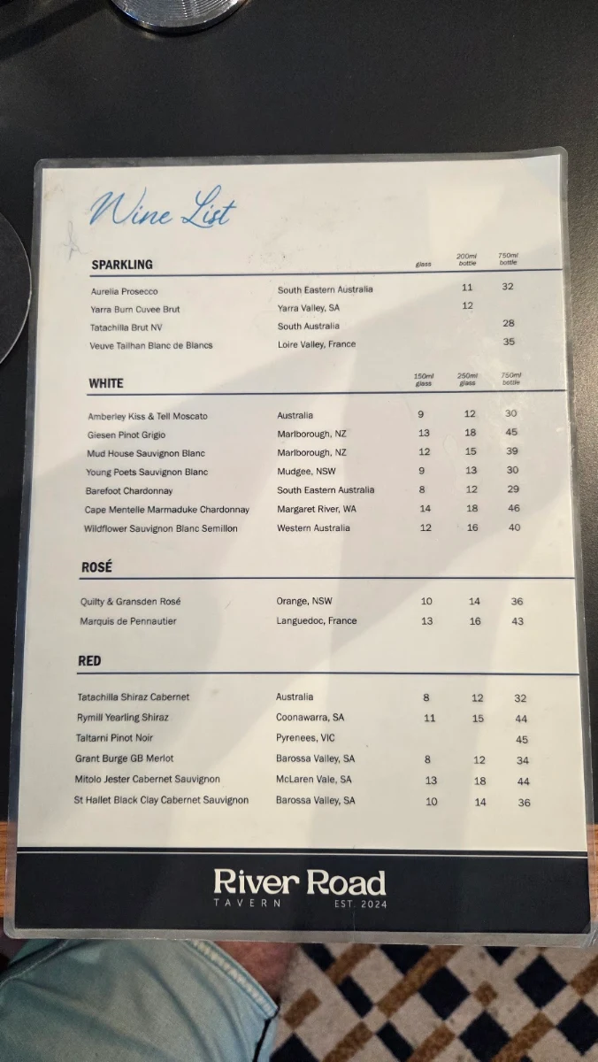 Menu, River Road Tavern