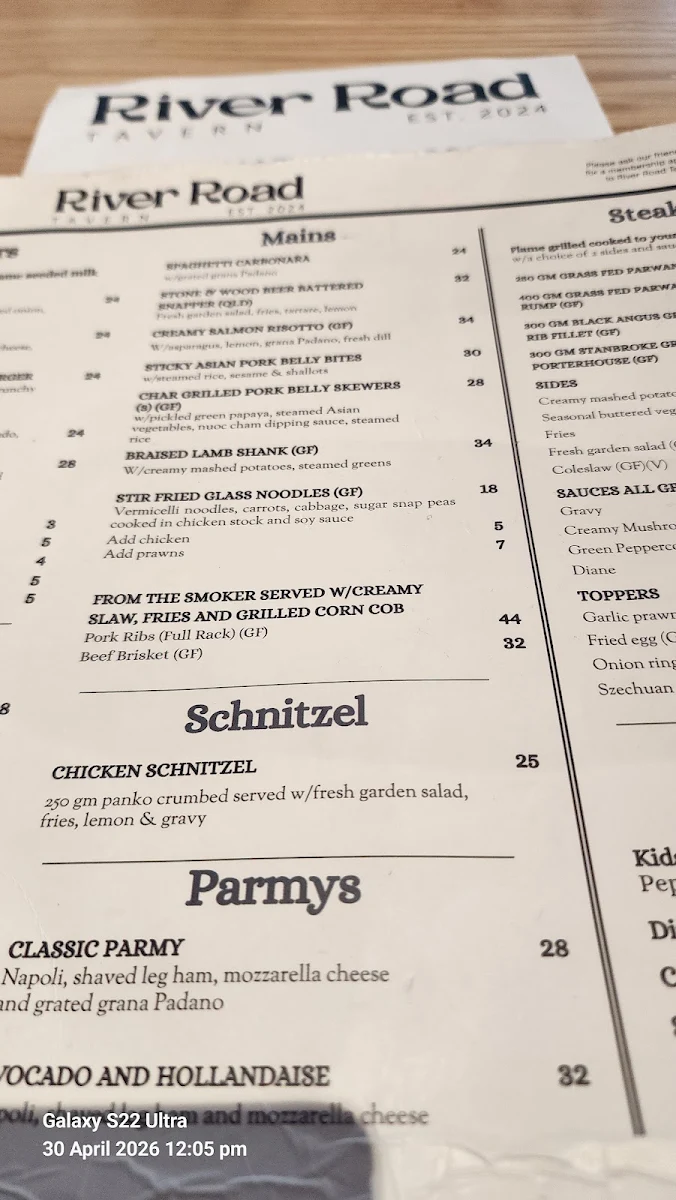 Menu, River Road Tavern