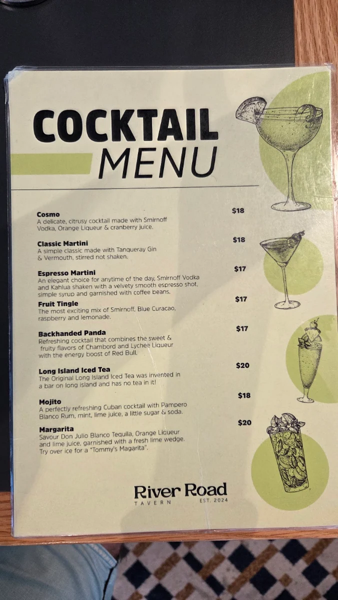 Menu, River Road Tavern
