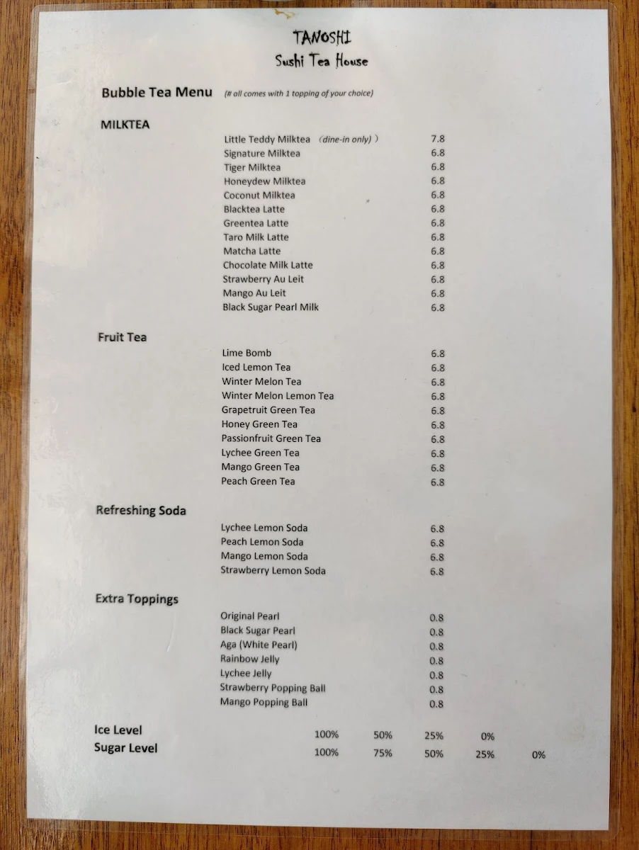Menu, Tanoshi Sushi & Tea House
