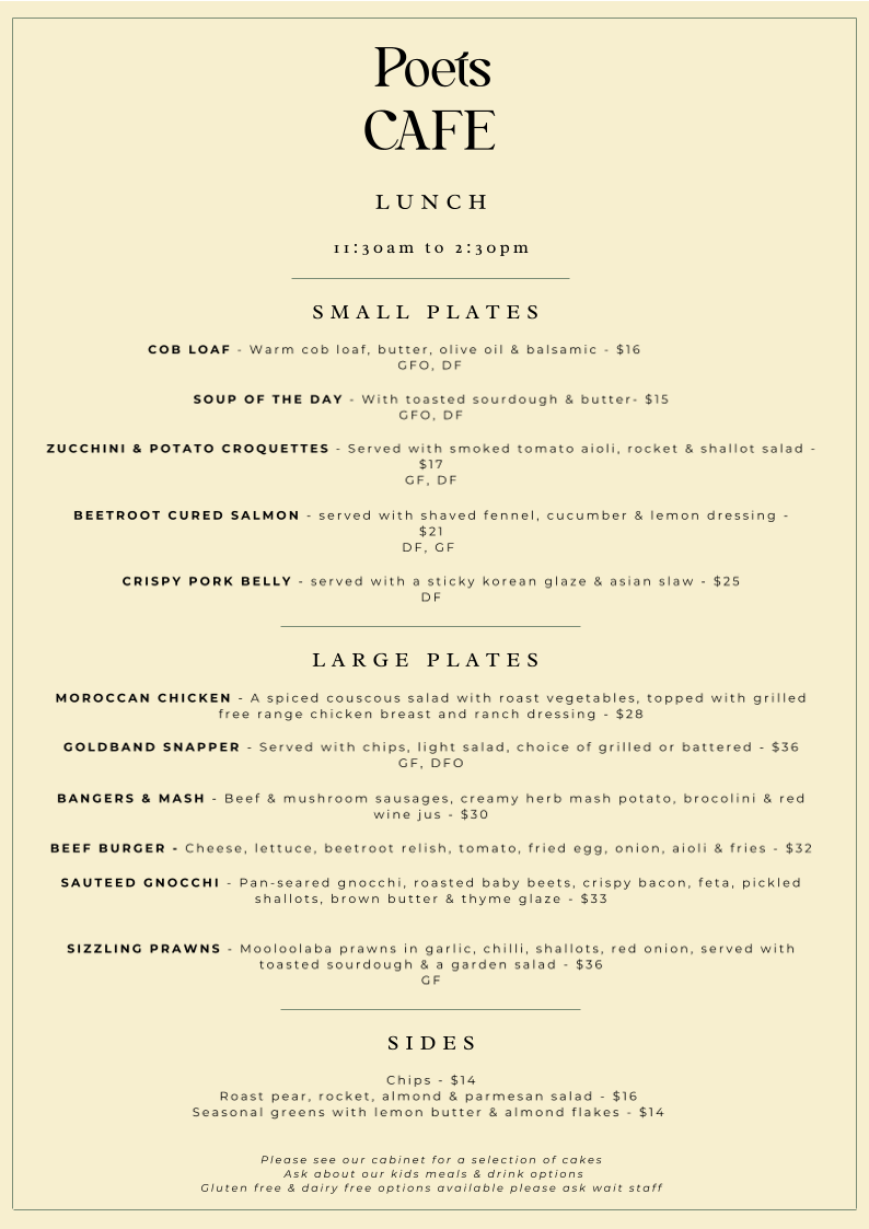 Menu, Poets Cafe
