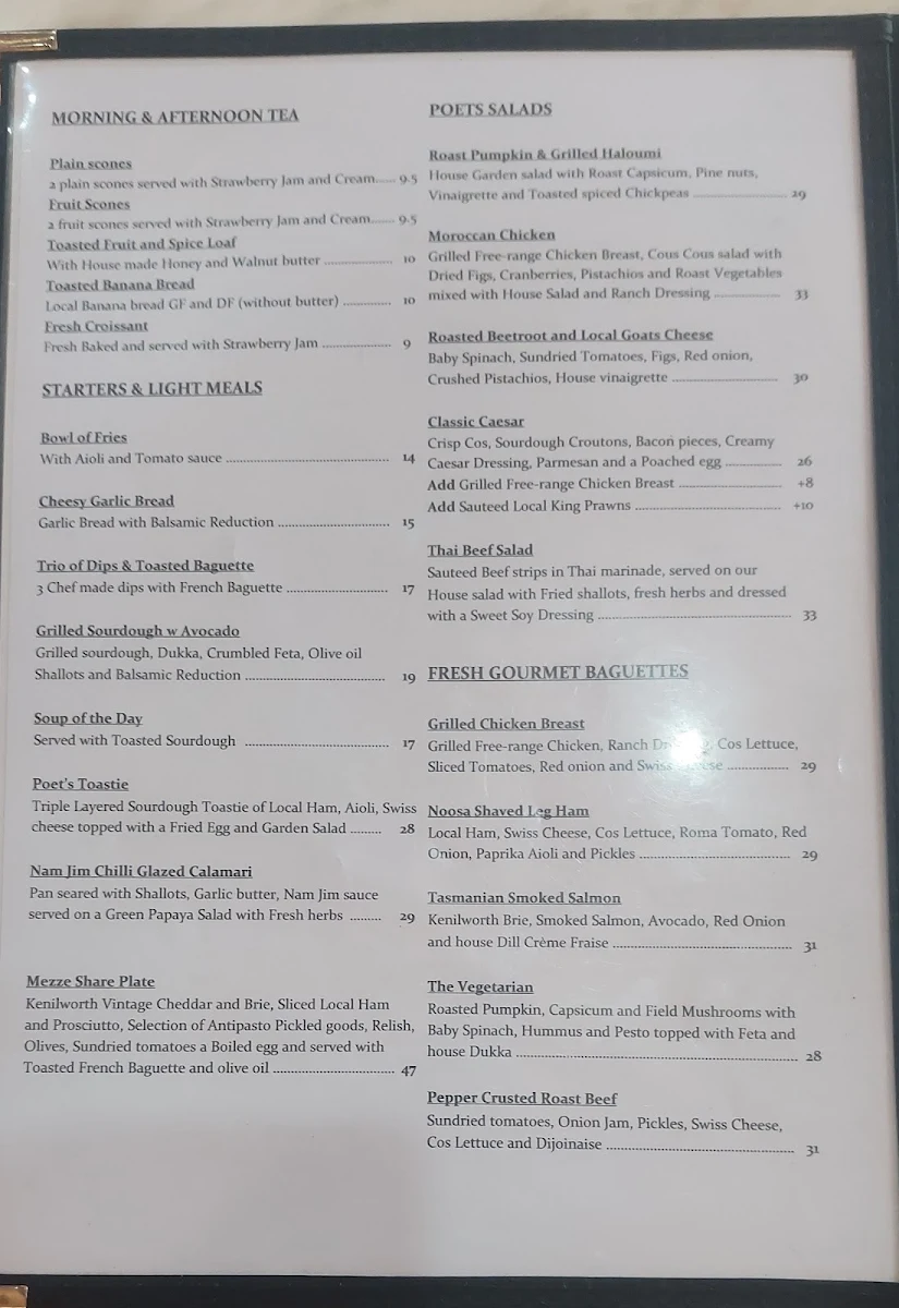 Menu, Poets Cafe
