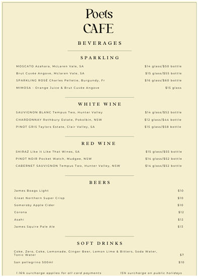 Menu, Poets Cafe