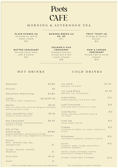 Menu, Poets Cafe