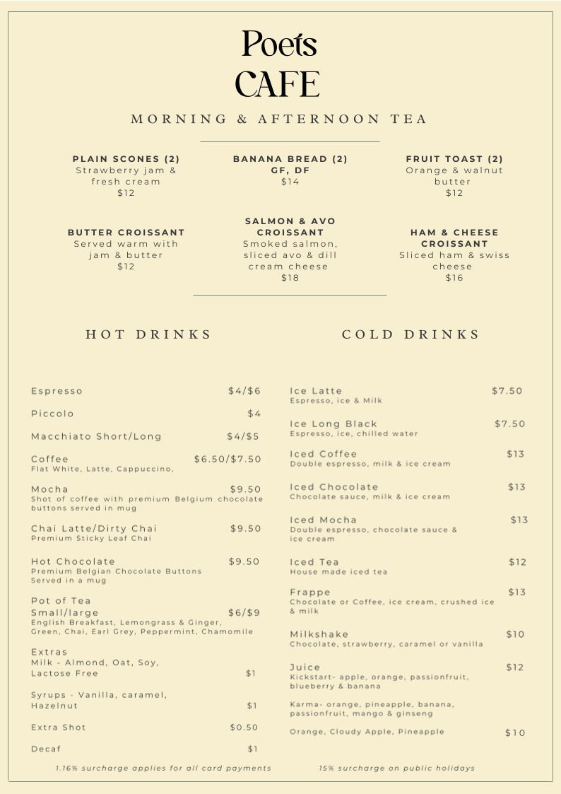 Menu, Poets Cafe