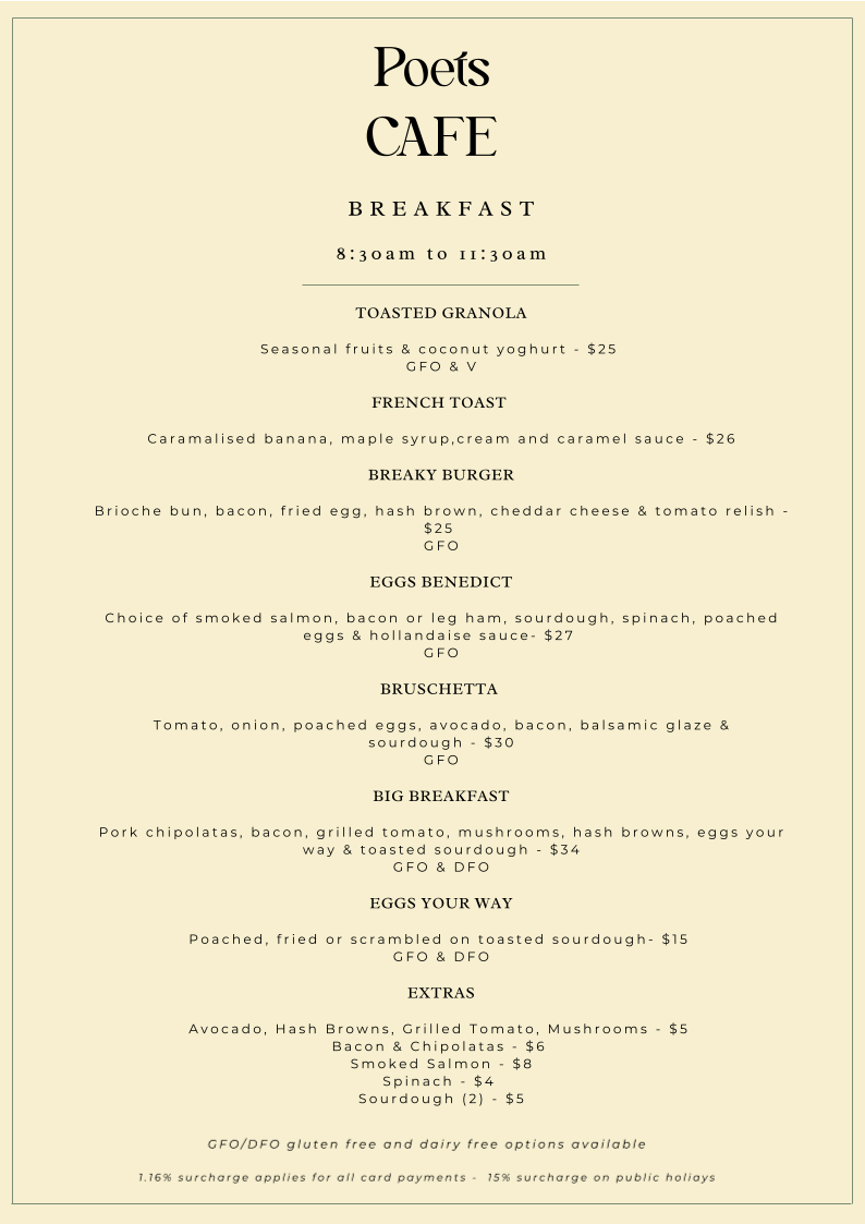 Menu, Poets Cafe