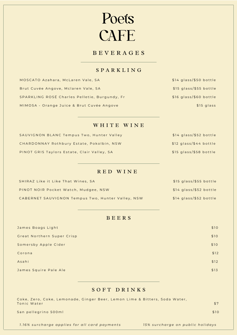 Menu, Poets Cafe