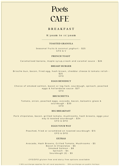 Menu, Poets Cafe