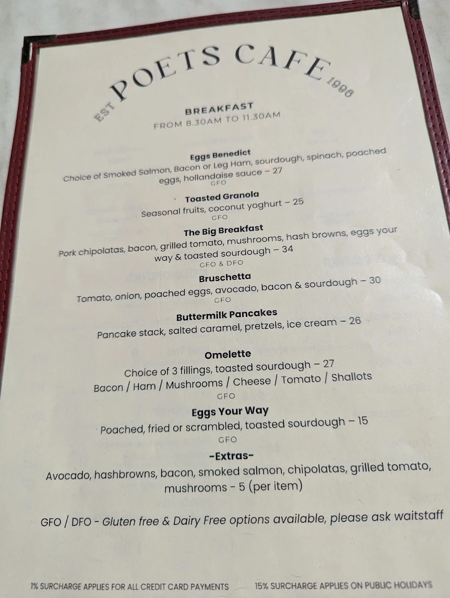 Menu, Poets Cafe