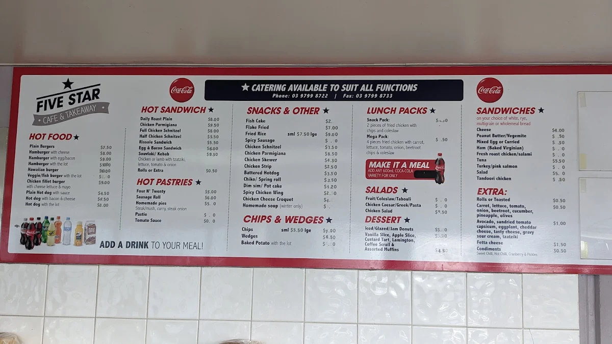 Menu, Five Star Take Away & Cafe