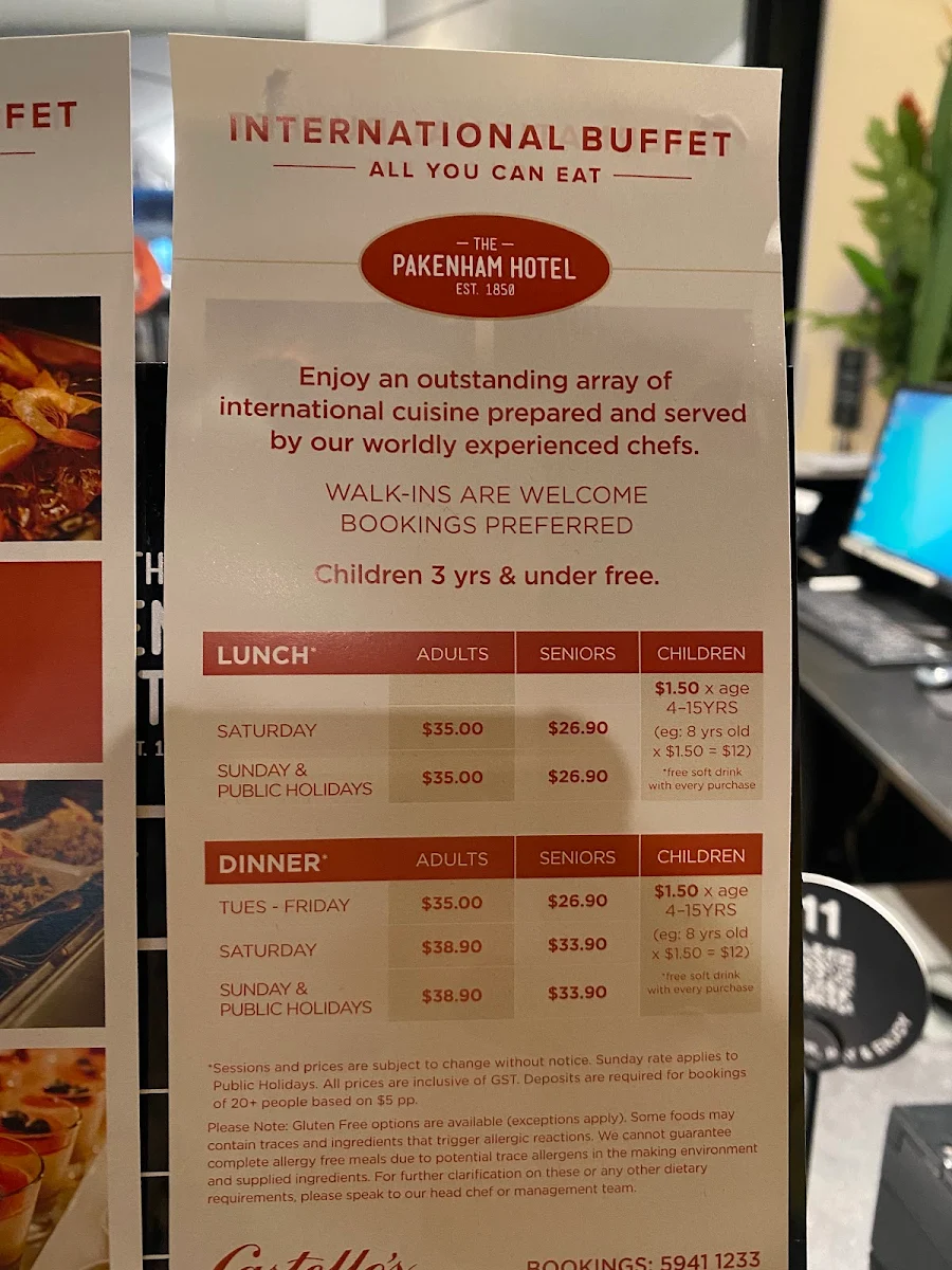 Menu, Castello's Pakenham International Buffet Hotel
