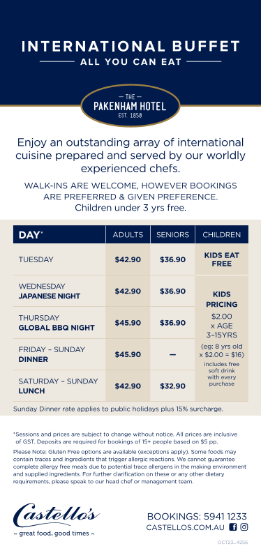 Menu, Castello's Pakenham International Buffet Hotel