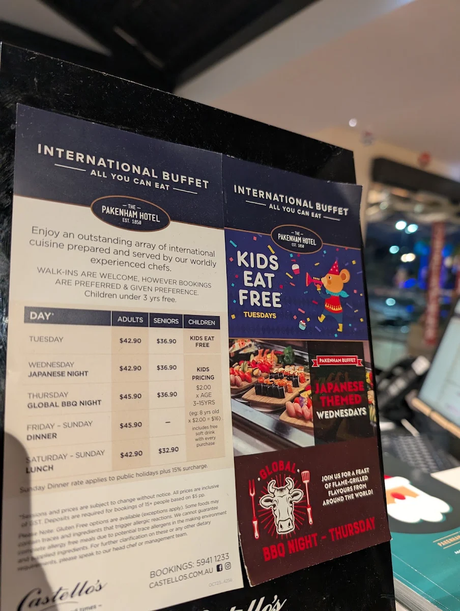 Menu, Castello's Pakenham International Buffet Hotel