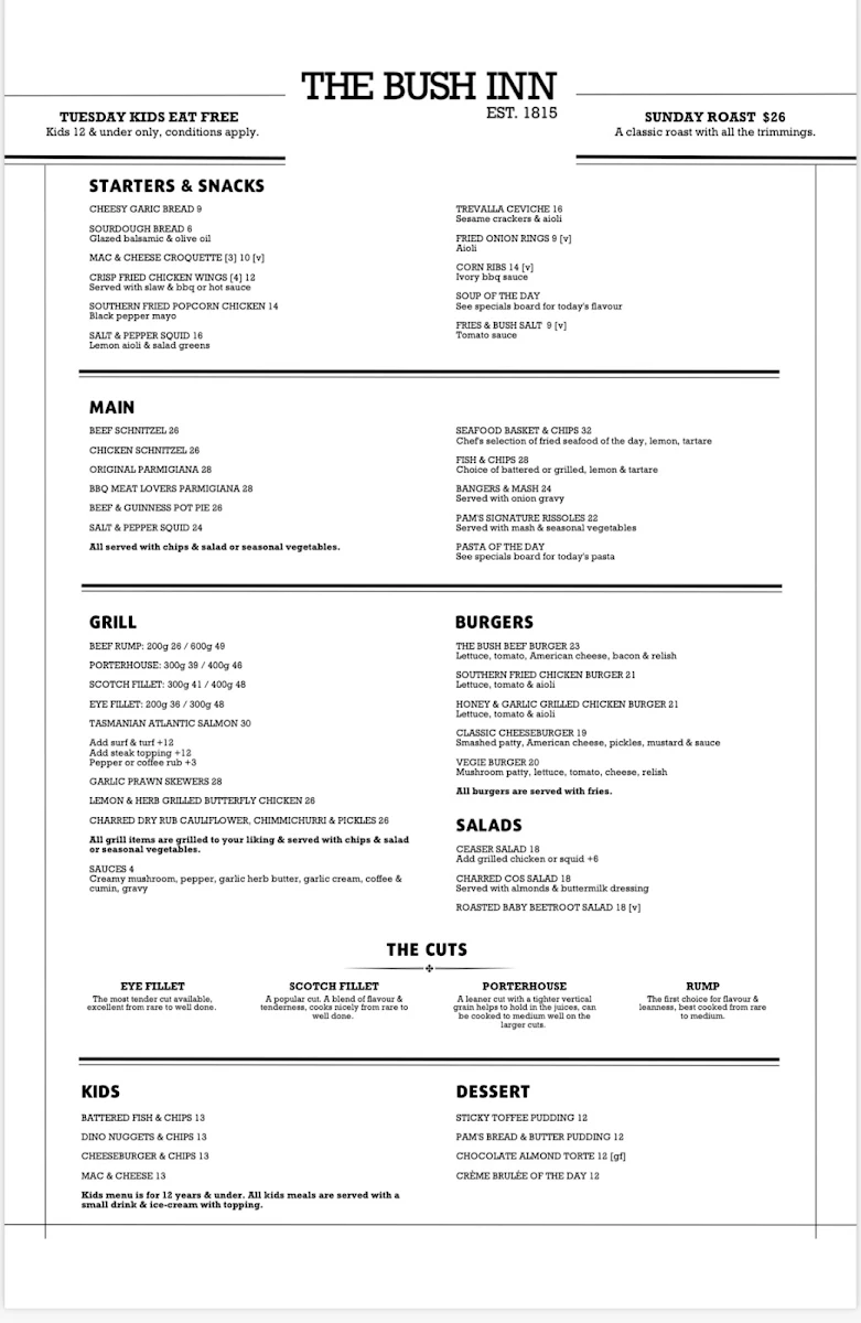 Menu, The Bush Inn