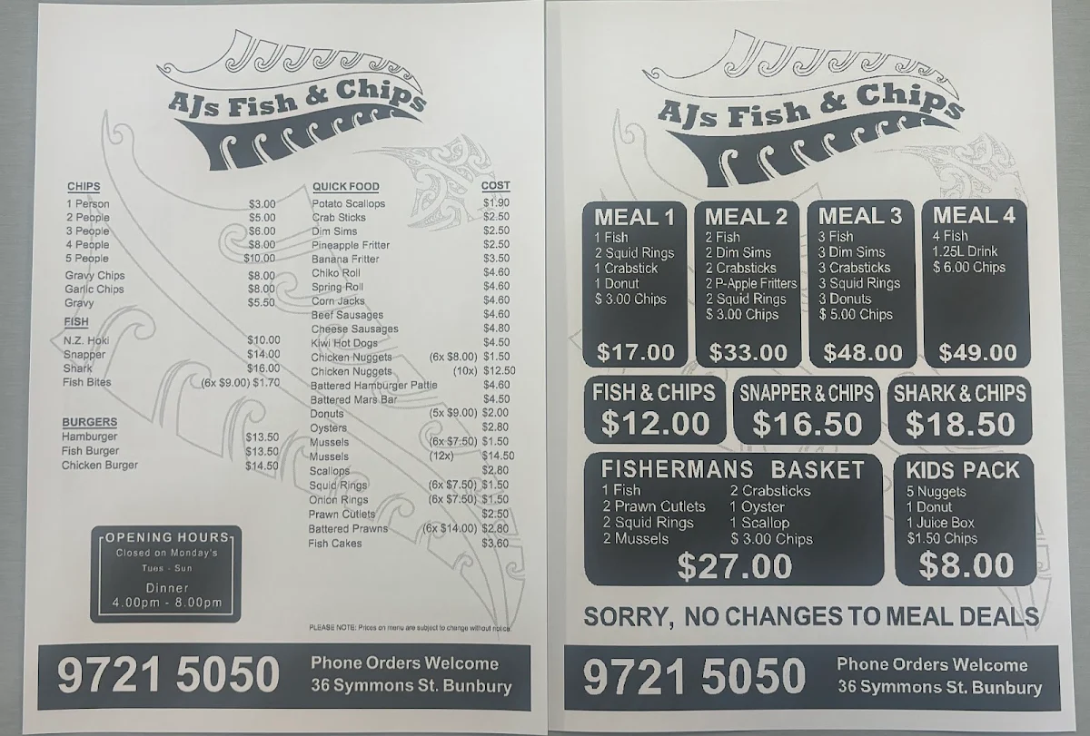 Menu, AJ's Fish & Chips