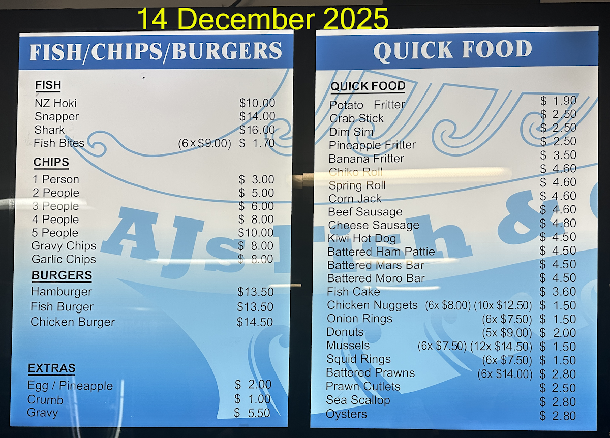 Menu, AJ's Fish & Chips