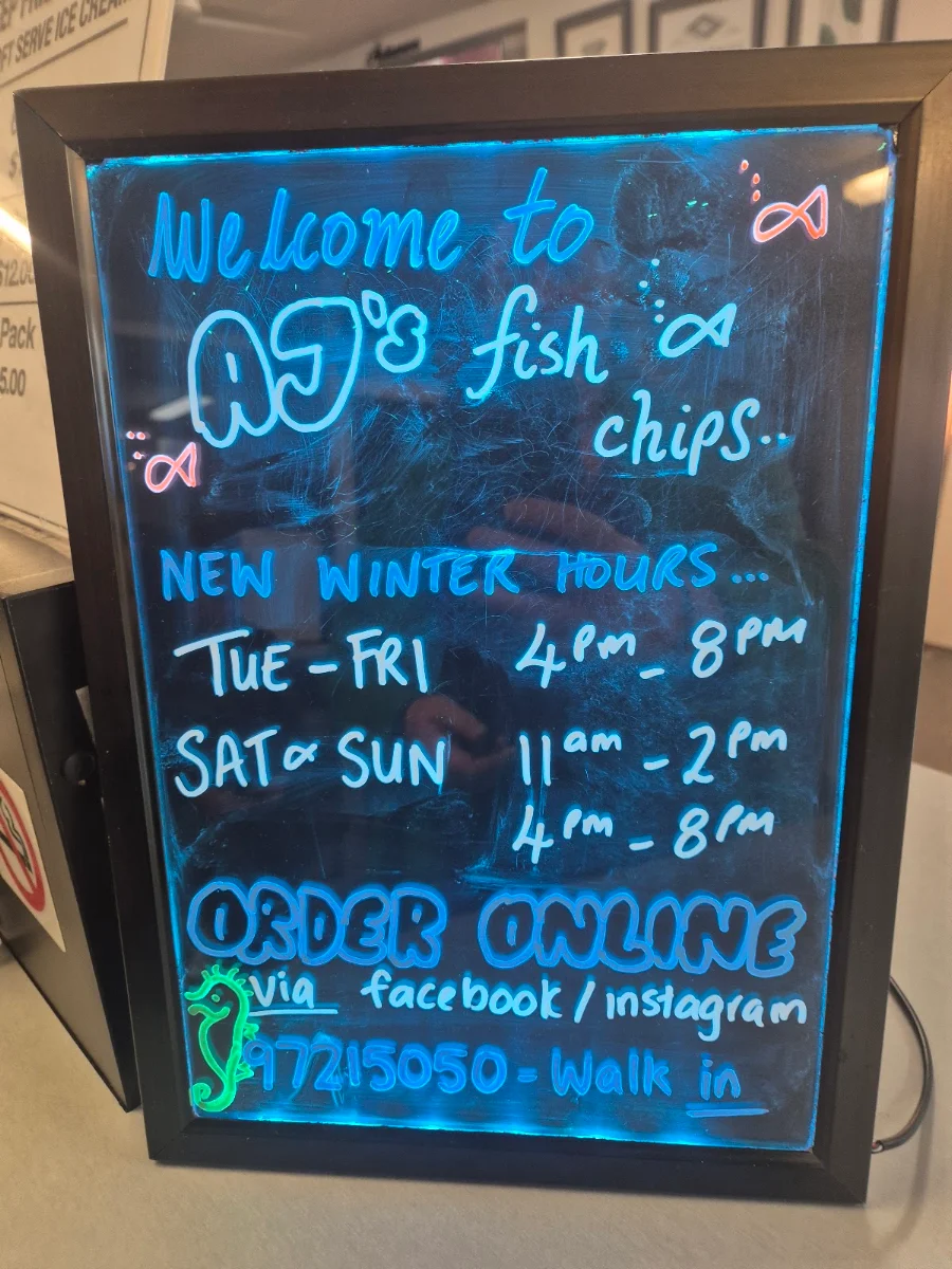 Menu, AJ's Fish & Chips