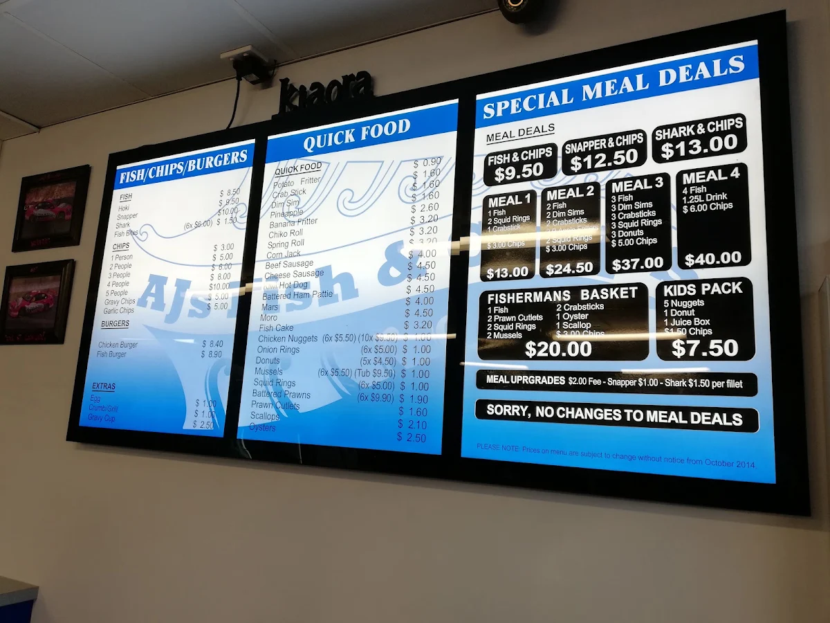 Menu, AJ's Fish & Chips
