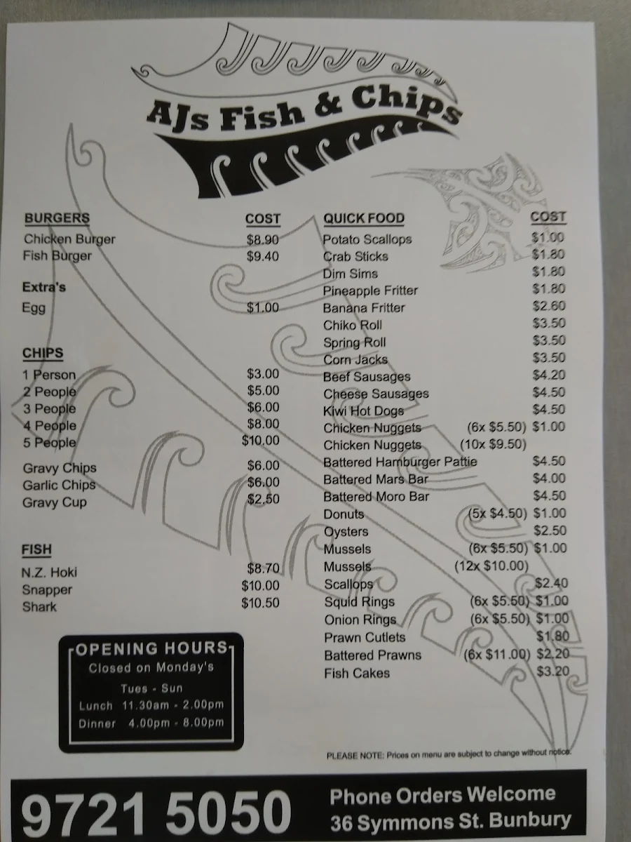 Menu, AJ's Fish & Chips
