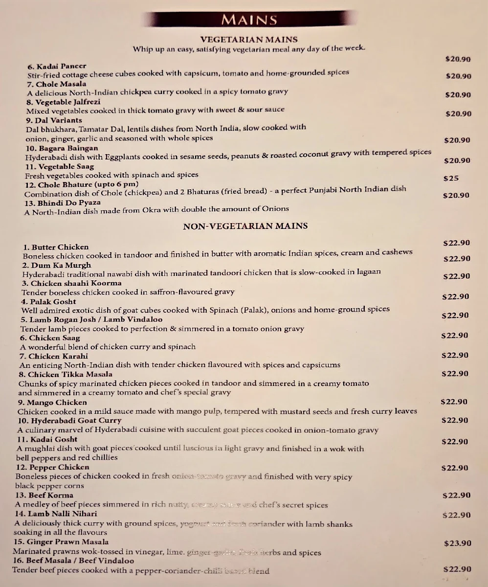 Menu, NAMASTE WAGGA INDIAN CUISINE