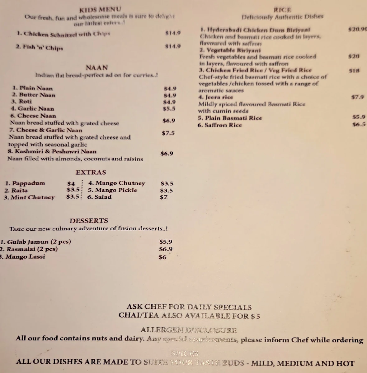 Menu, NAMASTE WAGGA INDIAN CUISINE