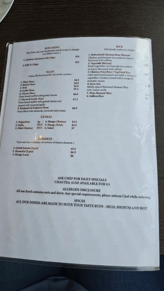 Menu, NAMASTE WAGGA INDIAN CUISINE