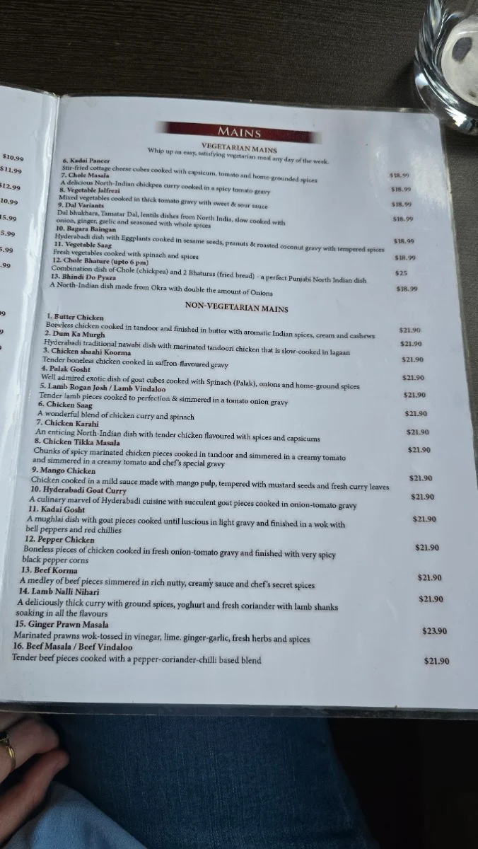Menu, NAMASTE WAGGA INDIAN CUISINE