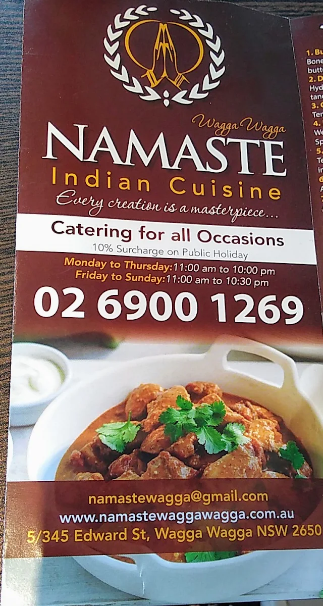 Menu, NAMASTE WAGGA INDIAN CUISINE