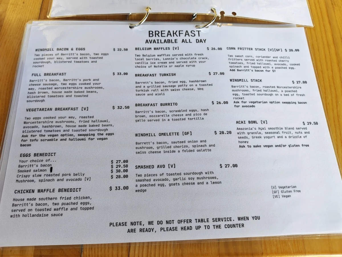 Menu, The Windmill Bargara