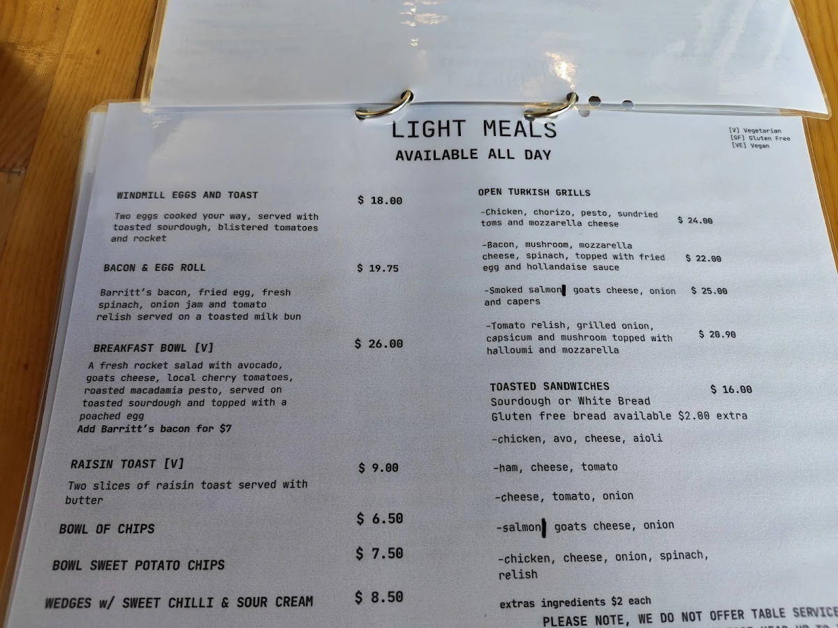 Menu, The Windmill Bargara