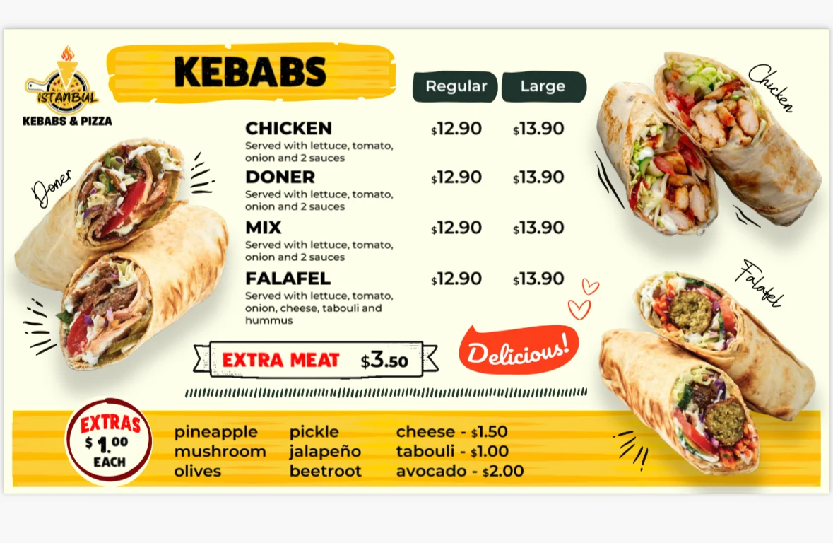 Menu, Istanbul Kebabs & Pizza