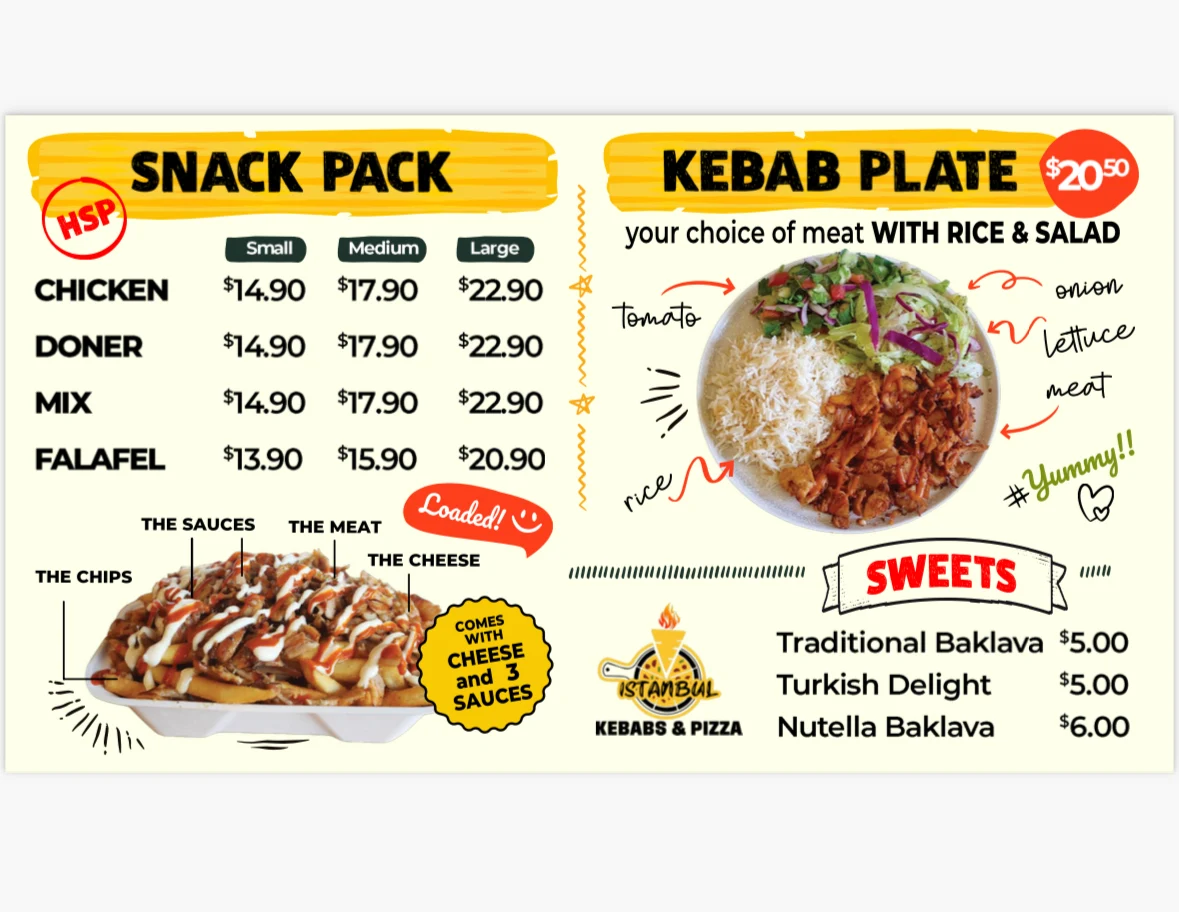 Menu, Istanbul Kebabs & Pizza